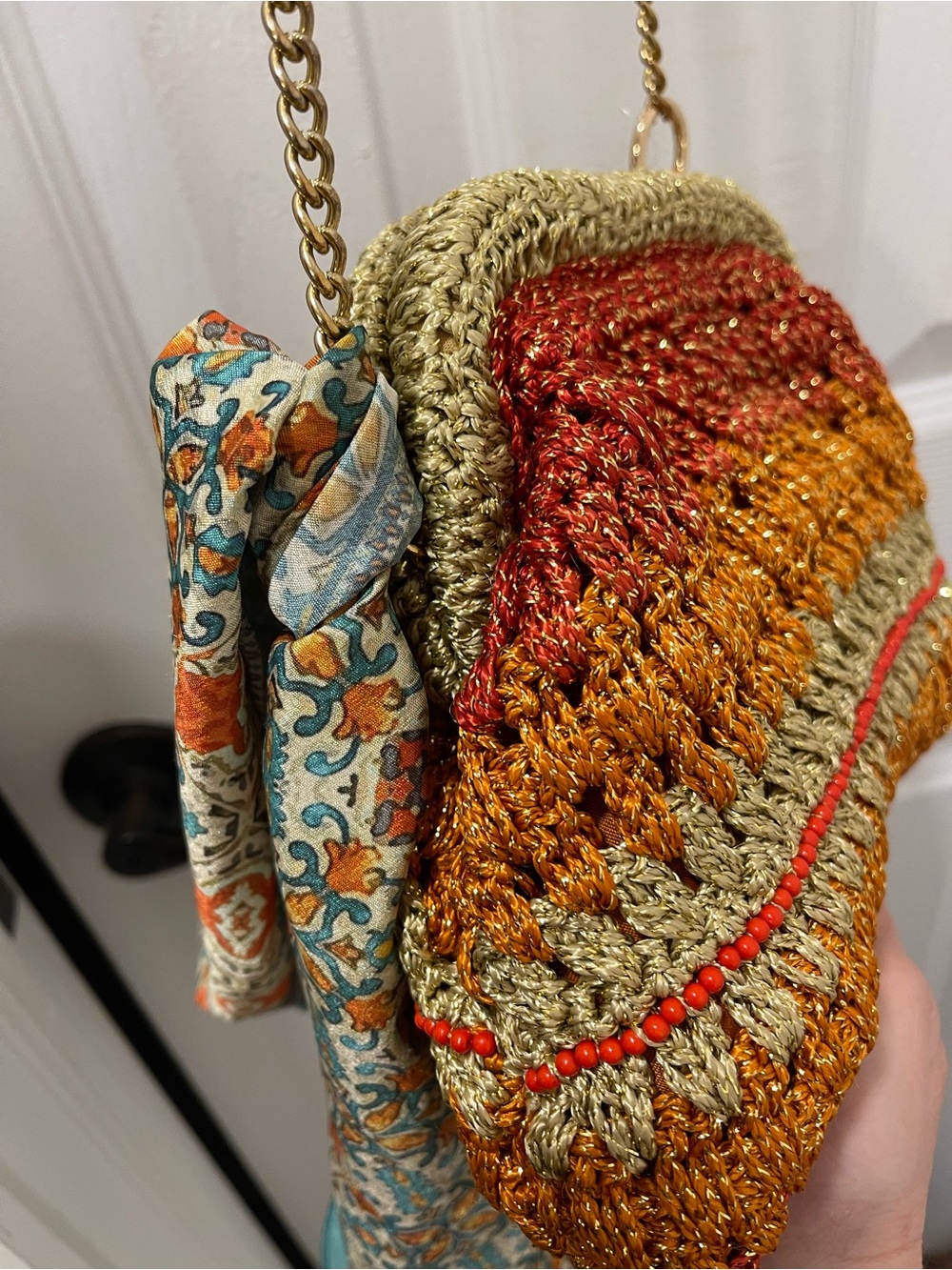 Free People Crocheted Crossbody Bag in Red, Orange, Tan - Picture 4 of 12